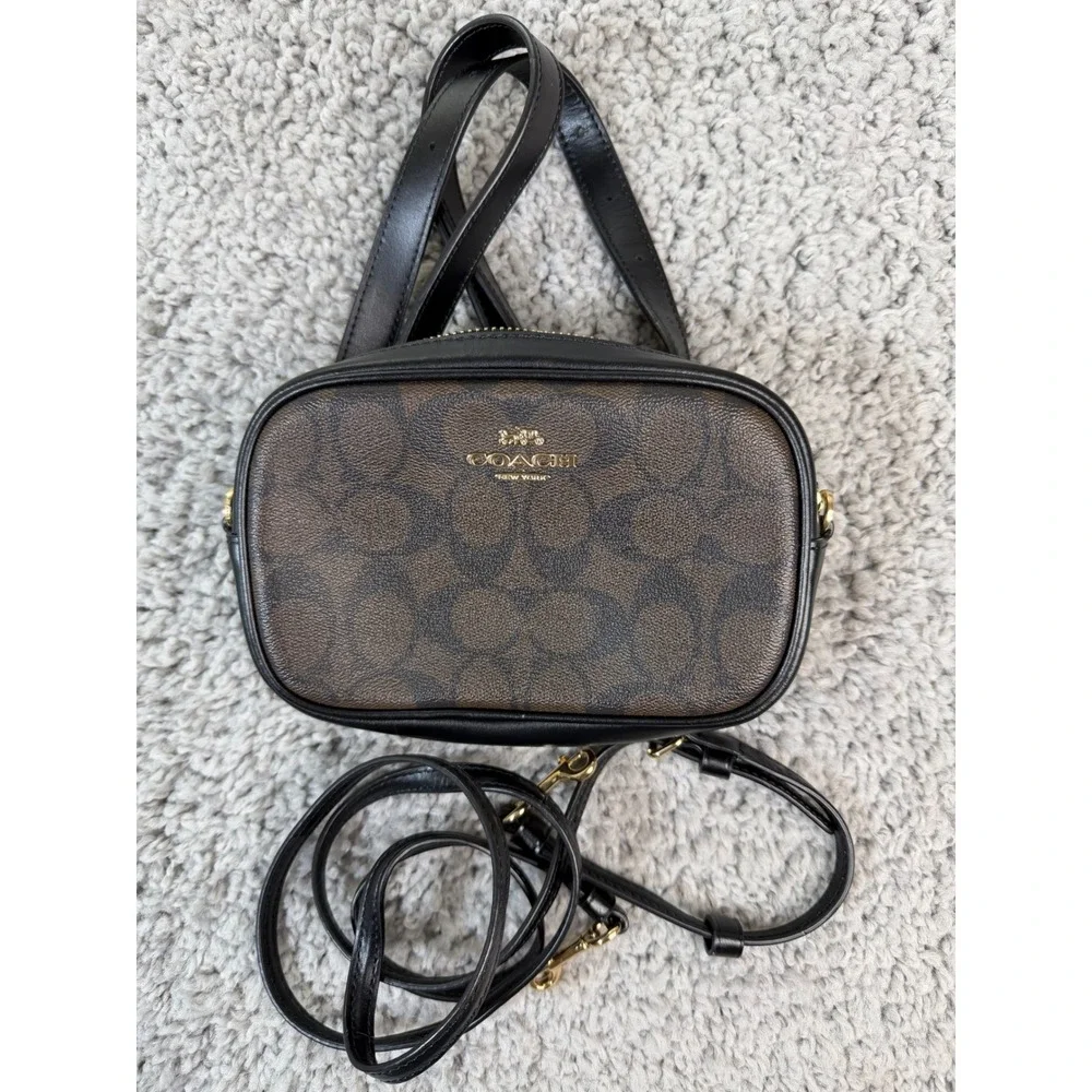 Coach Signature Canvas Camera Bag Belt Bag Crossbody Brown Black 2 Straps